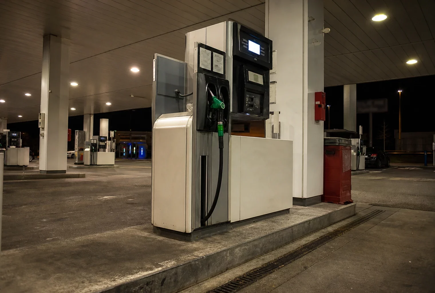 Une pompe à carburant en station-service, avec l’affichage des prix, dans un décor ordinaire de grande distribution.