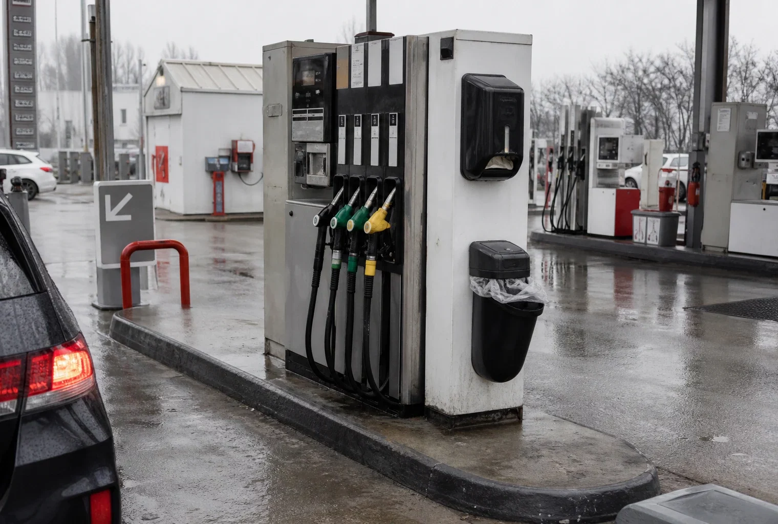 Une pompe à gazole en station-service, avec l’afficheur du prix visible et une voiture en attente à côté.