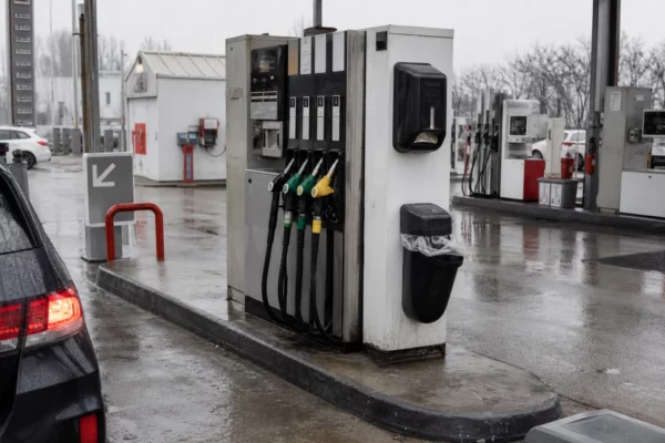 Une pompe à gazole en station-service, avec l’afficheur du prix visible et une voiture en attente à côté.