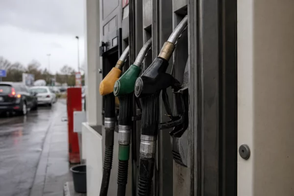 Pompe à carburant dans une station-service, avec des voitures en attente en arrière-plan.