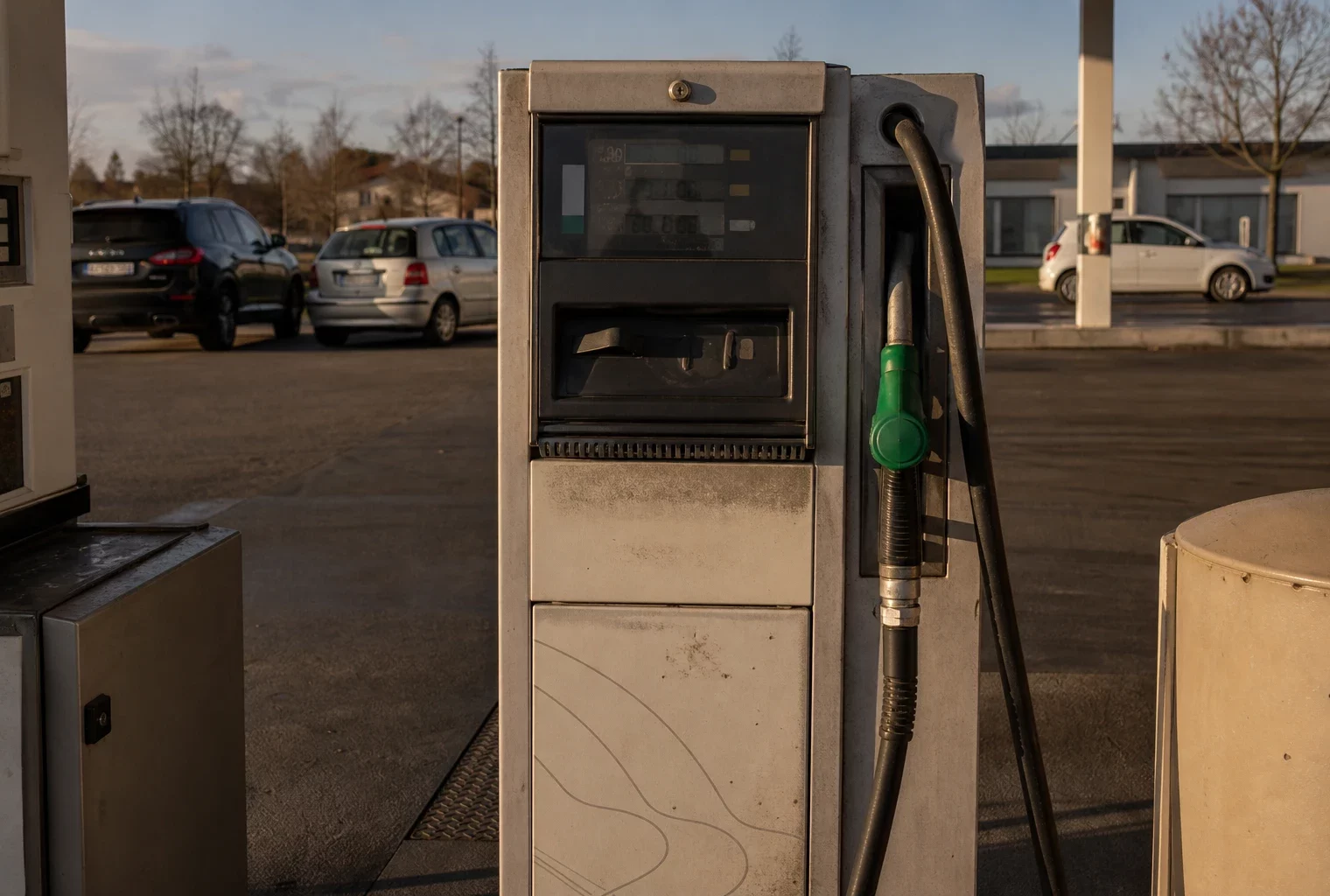 Pompe à carburant en station-service, avec affichage des prix et quelques voitures en arrière-plan.