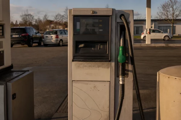 Pompe à carburant en station-service, avec affichage des prix et quelques voitures en arrière-plan.