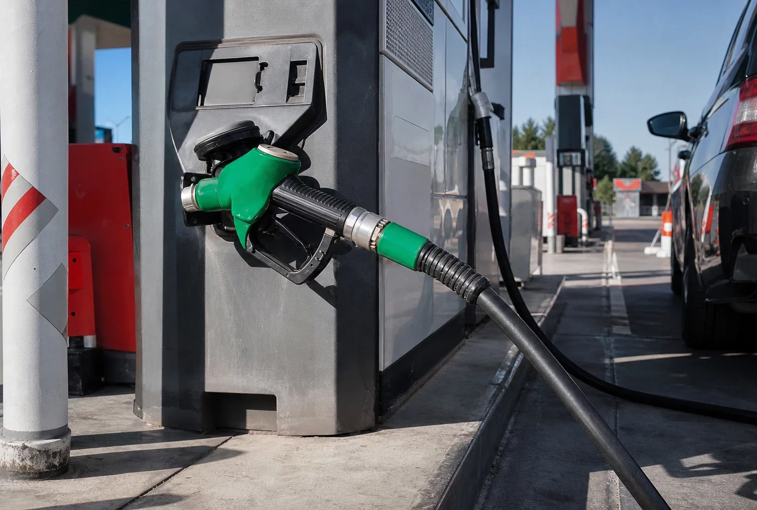 Pompe à carburant verte d’une station-service française, en gros plan, avec autres pompes floues et soleil de fin de matinée.