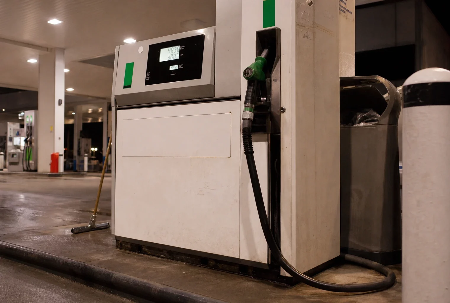 Pompe à carburant dans une station-service, avec flexible et affichage du prix.