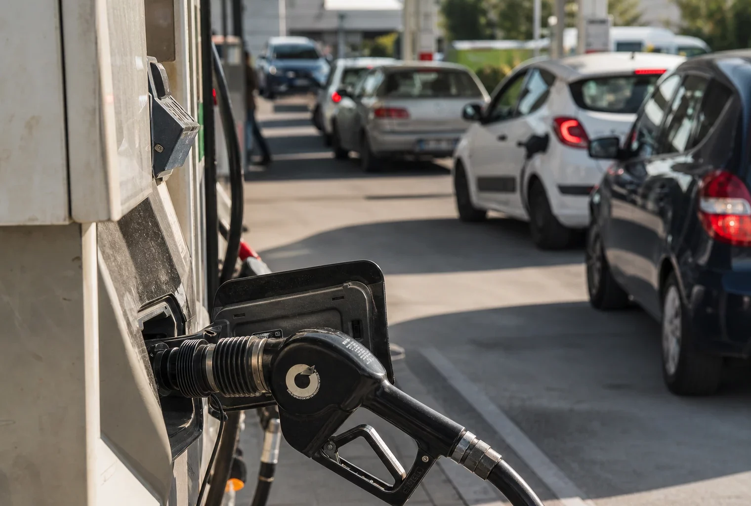 Pompe à carburant usée au premier plan d’une station française, avec voitures en file d’attente derrière.