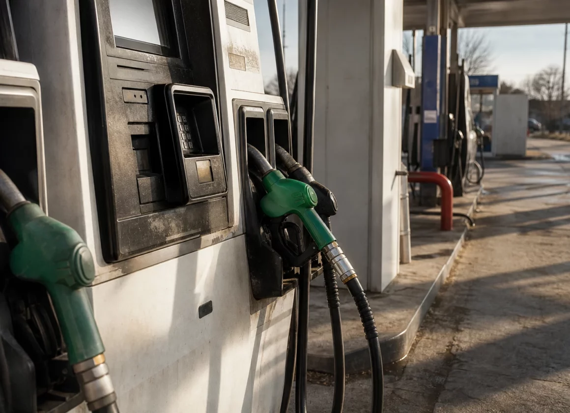 Pompes à carburant d’une station-service en périphérie urbaine, avec flexibles, bornes de paiement et auvent au fond.