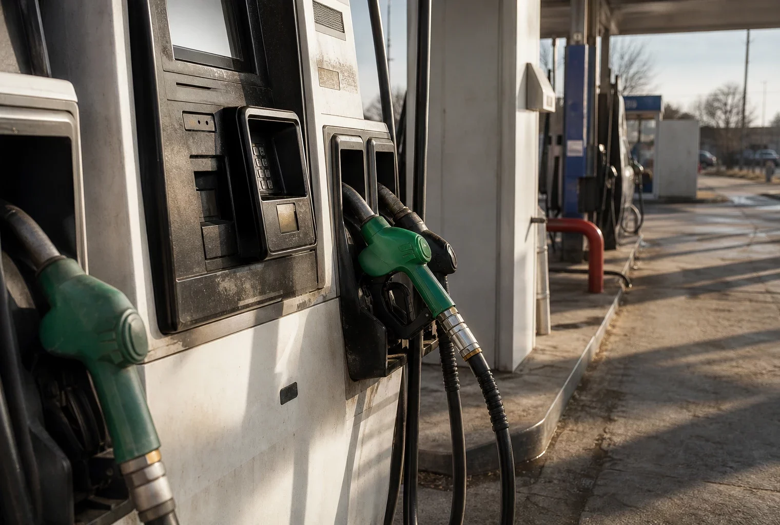 Pompes à carburant d’une station-service en périphérie urbaine, avec flexibles, bornes de paiement et auvent au fond.