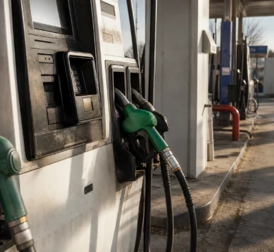 Pompes à carburant d’une station-service en périphérie urbaine, avec flexibles, bornes de paiement et auvent au fond.