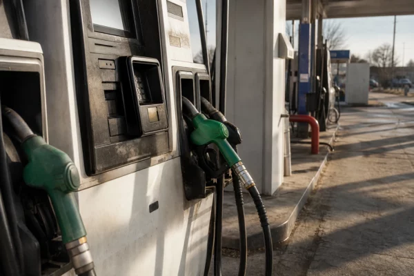 Pompes à carburant d’une station-service en périphérie urbaine, avec flexibles, bornes de paiement et auvent au fond.