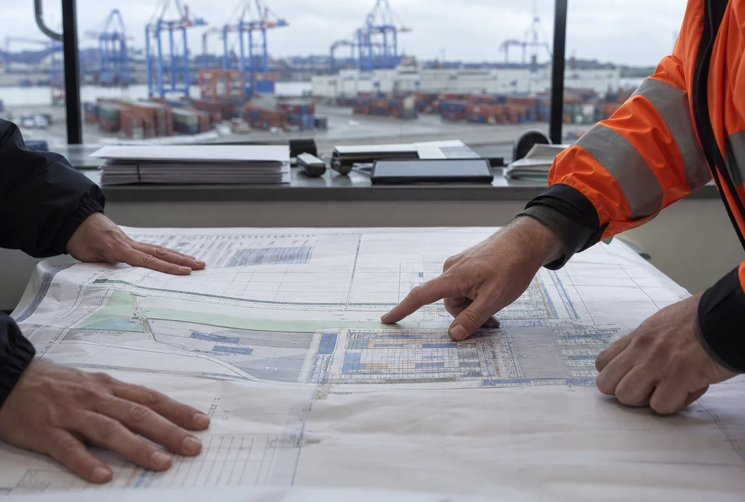 Terminal à conteneurs au Havre avec rangées de conteneurs et grues portuaires, évoquant une activité logistique surveillée.