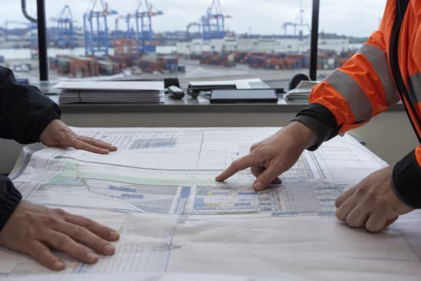 Terminal à conteneurs au Havre avec rangées de conteneurs et grues portuaires, évoquant une activité logistique surveillée.
