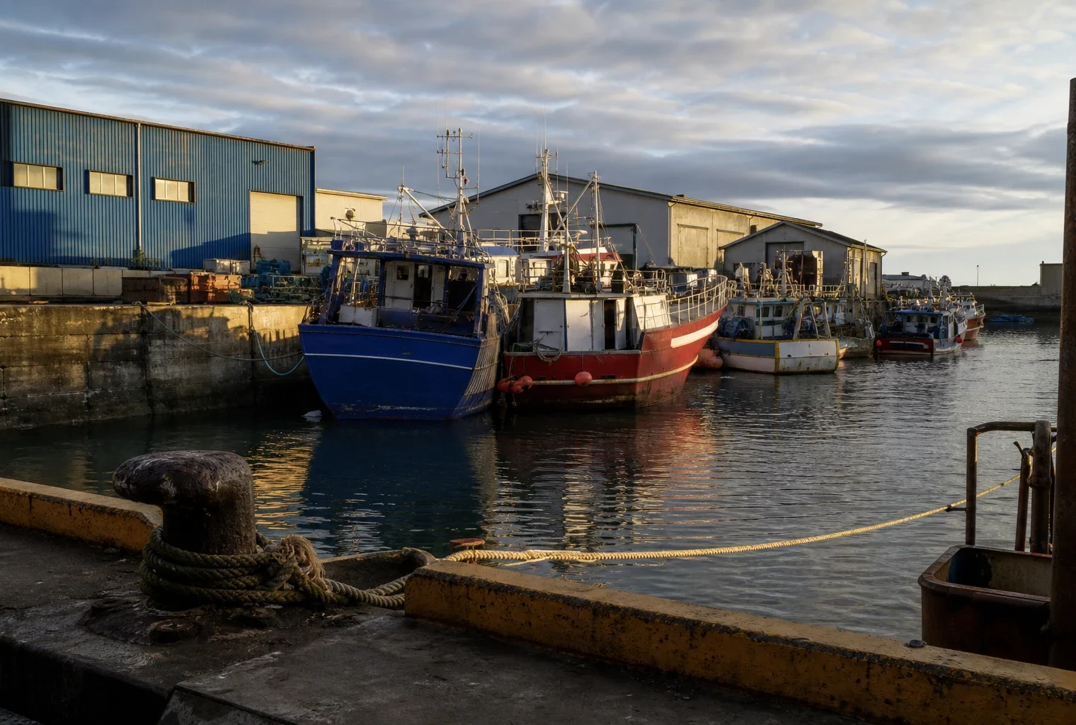 Des bateaux de pêche au port de Saint-Pierre, avec les quais et les hangars à l’arrière-plan.