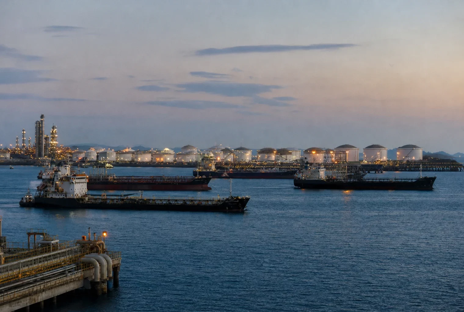 Port pétrolier de Yanbu au crépuscule, avec tankers, cuves de stockage et installations industrielles au bord de l’eau.