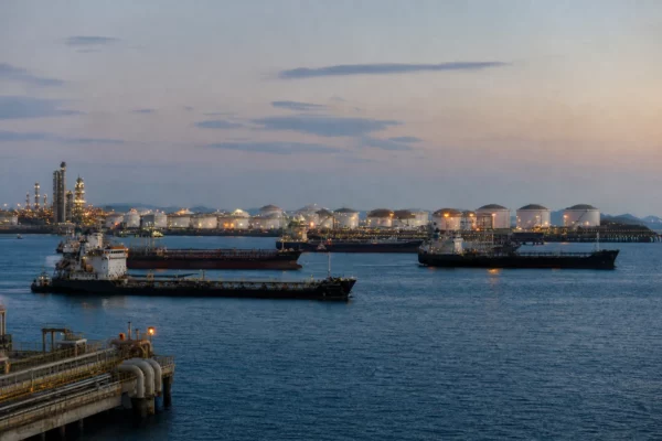 Port pétrolier de Yanbu au crépuscule, avec tankers, cuves de stockage et installations industrielles au bord de l’eau.