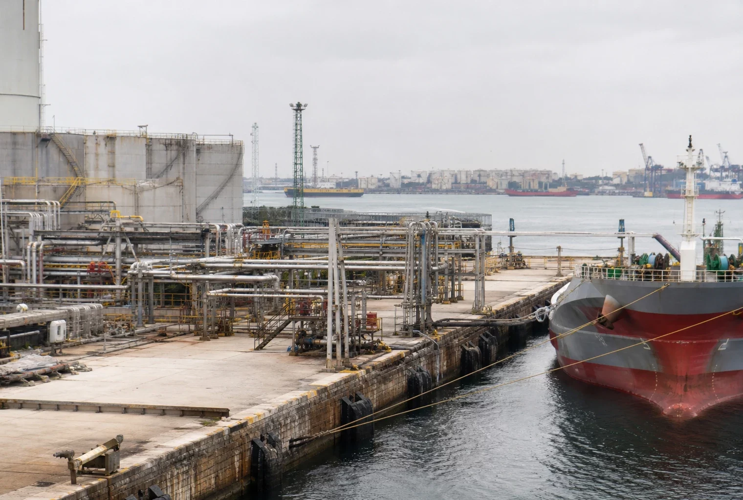 Vue au ras du port de Yanbu : cuves, tuyauteries et navire pétrolier à quai sous un ciel couvert.