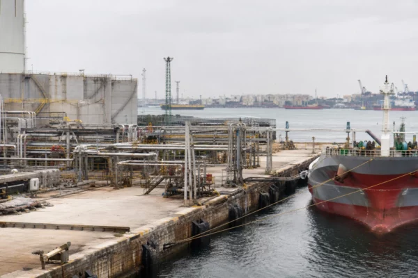 Vue au ras du port de Yanbu : cuves, tuyauteries et navire pétrolier à quai sous un ciel couvert.