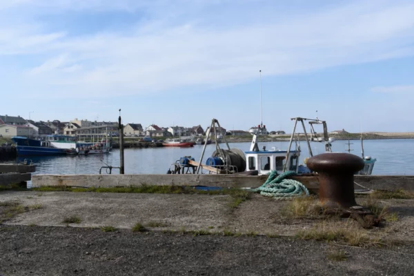 Le port de Saint-Pierre-et-Miquelon, avec ses bateaux de pêche et le front de mer, illustre l’archipel au large du Canada.
