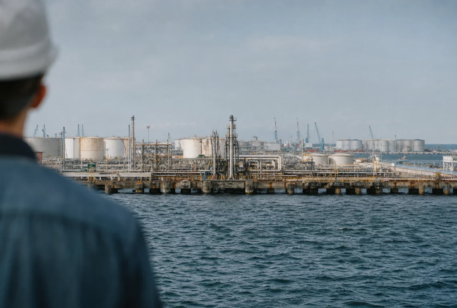 Vue large d’un terminal pétrolier à Yanbu, avec quais, cuves, grues portuaires et mer sous une lumière diffuse.