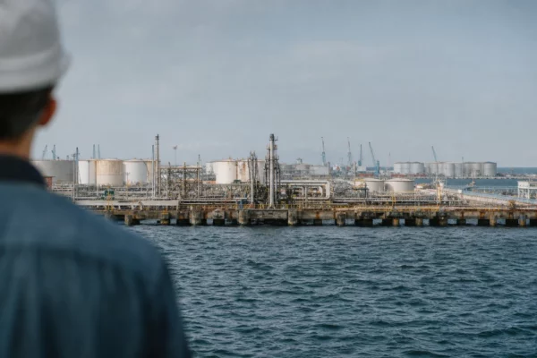 Vue large d’un terminal pétrolier à Yanbu, avec quais, cuves, grues portuaires et mer sous une lumière diffuse.