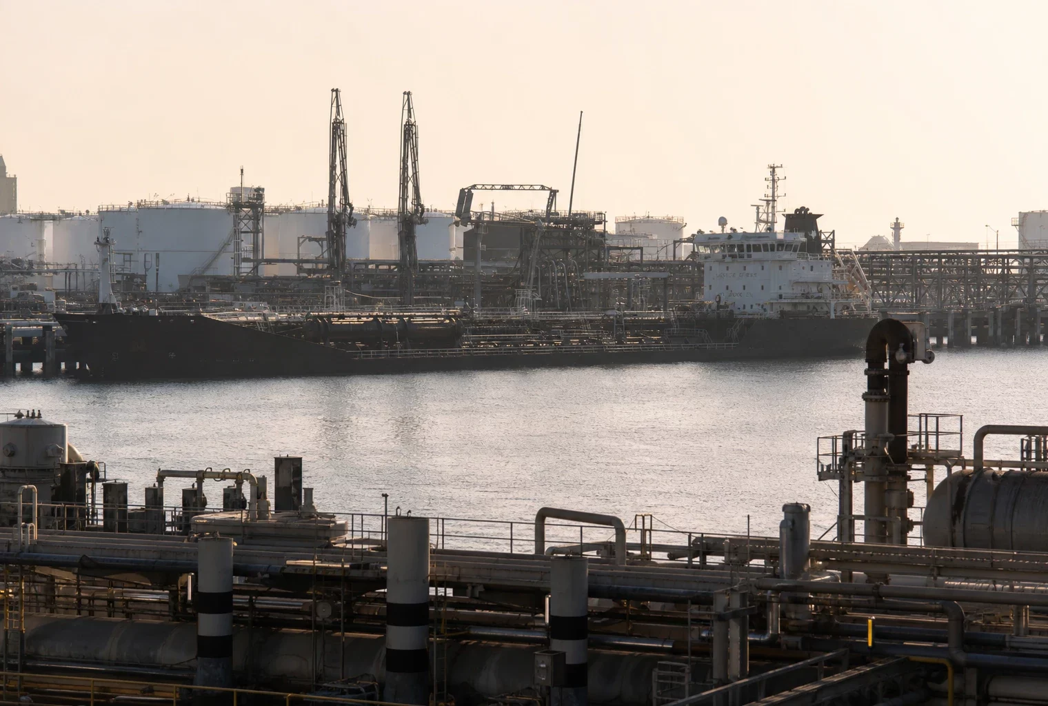 Port pétrolier de Yanbu avec tanker, pipelines et grues de chargement sous une lumière de contre-jour dure.