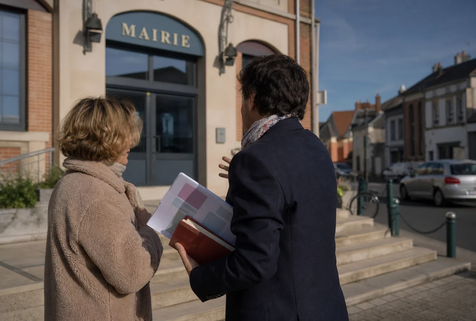 Élu local anonyme avec un carnet devant une mairie française, lors d’un échange de terrain en campagne politique
