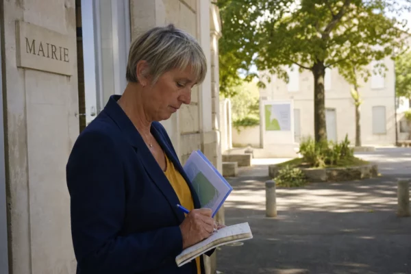 Élu local anonyme prenant des notes devant une mairie française, symbole concret du débat sur l’adaptation climatique