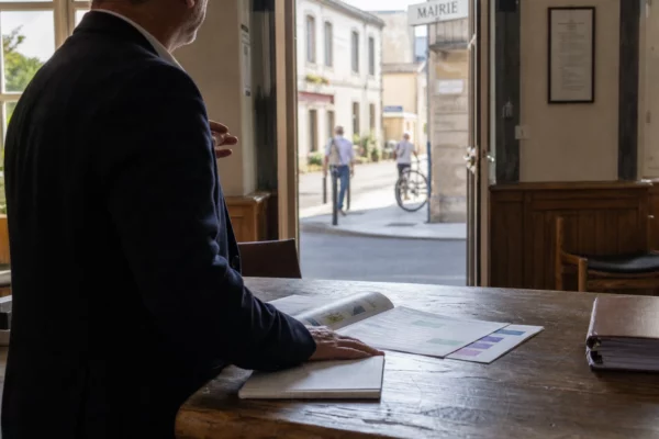 Portrait de dos d’un élu local consultant un dossier dans une mairie française lumineuse