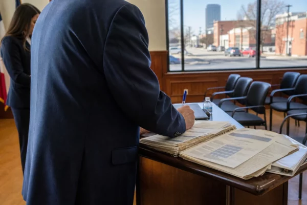 Élu local anonyme annotant un dossier électoral dans une salle municipale, en lumière naturelle