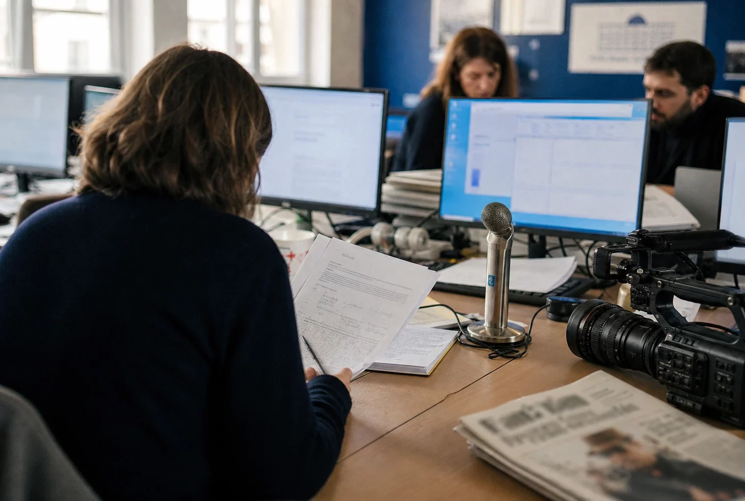 Journaliste anonyme en rédaction consultant un dossier judiciaire près d’une caméra et d’un microphone de presse
