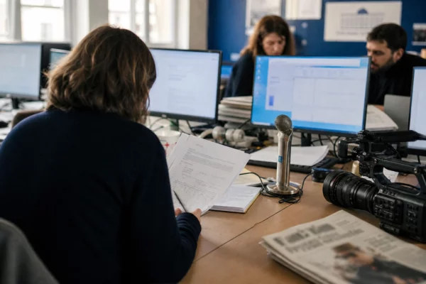 Journaliste anonyme en rédaction consultant un dossier judiciaire près d’une caméra et d’un microphone de presse