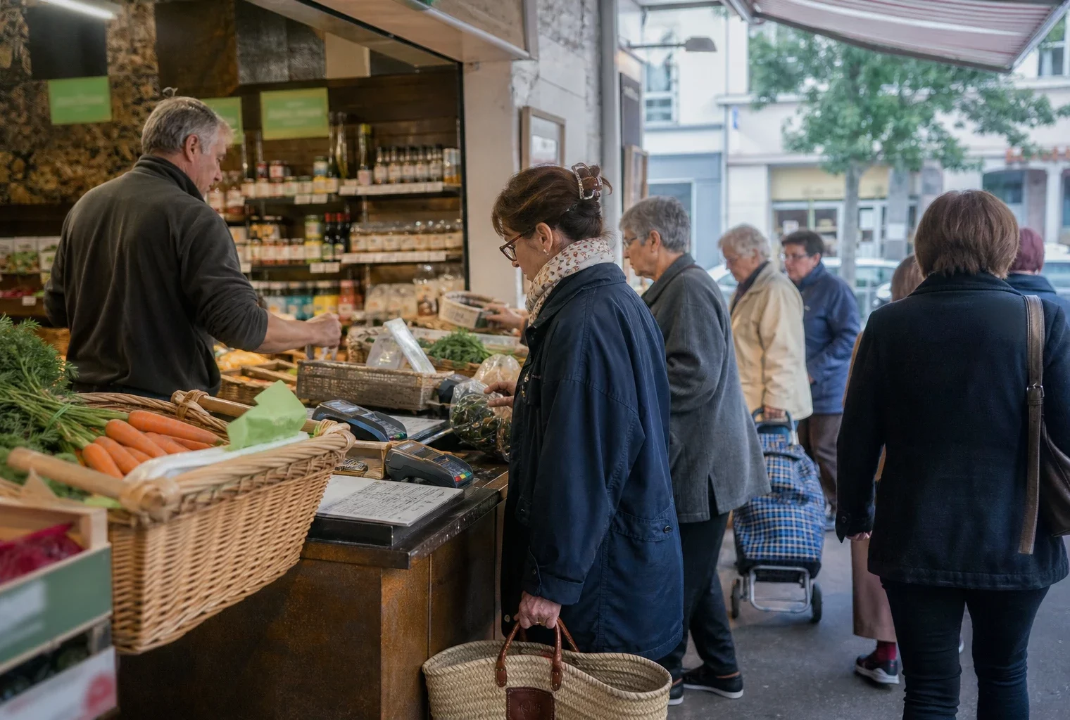 Scène de marché de quartier en France, avec des clients comparant des produits et réglant leurs achats au comptoir