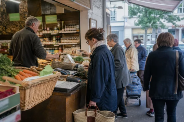 Scène de marché de quartier en France, avec des clients comparant des produits et réglant leurs achats au comptoir