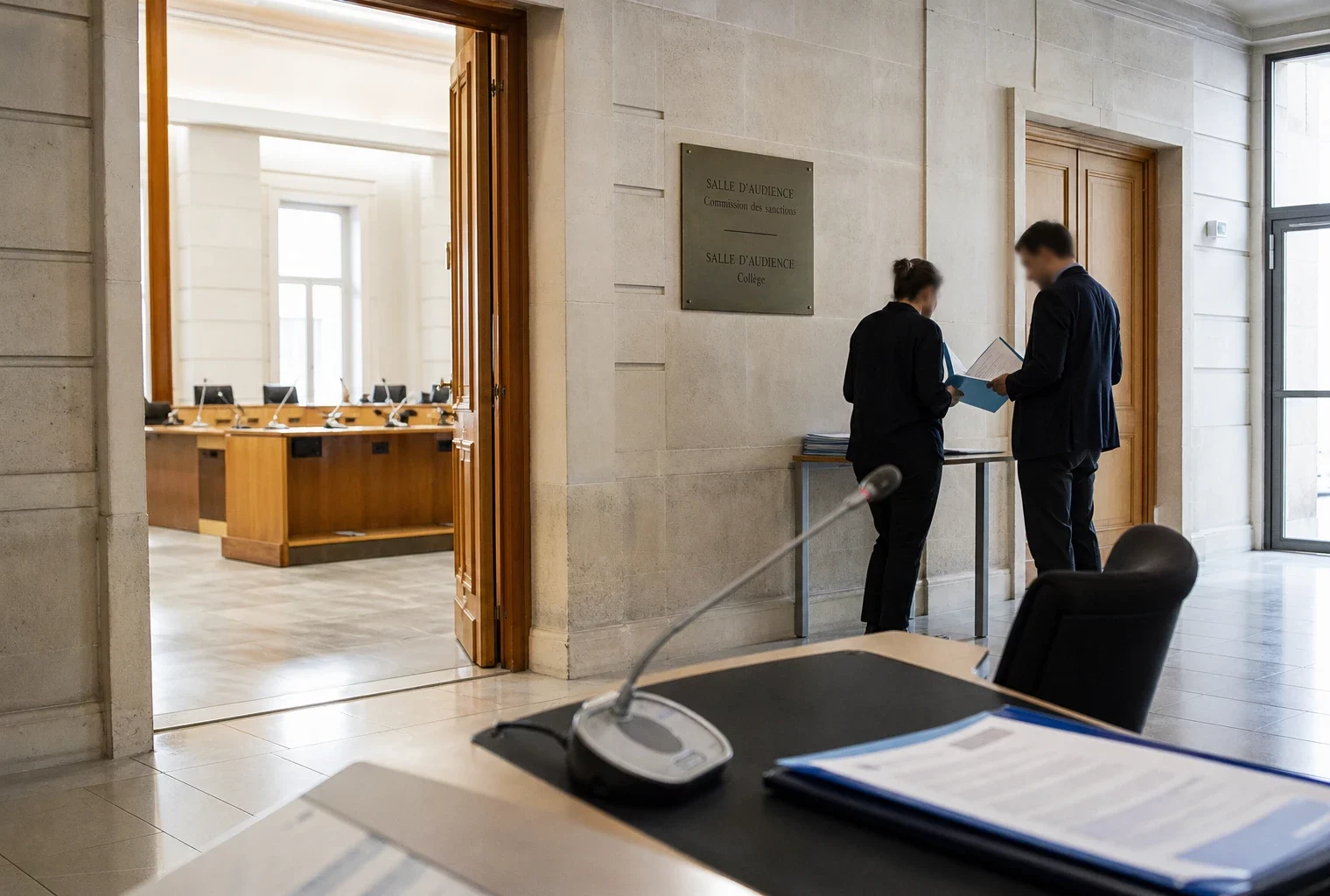 Hall lumineux d’une institution publique française avec salle d’audition et dossiers administratifs flous