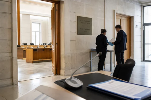 Hall lumineux d’une institution publique française avec salle d’audition et dossiers administratifs flous