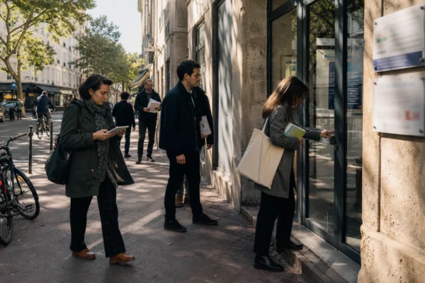 Rue parisienne où une équipe anonyme prépare des réunions dans un local discret du 11e arrondissement