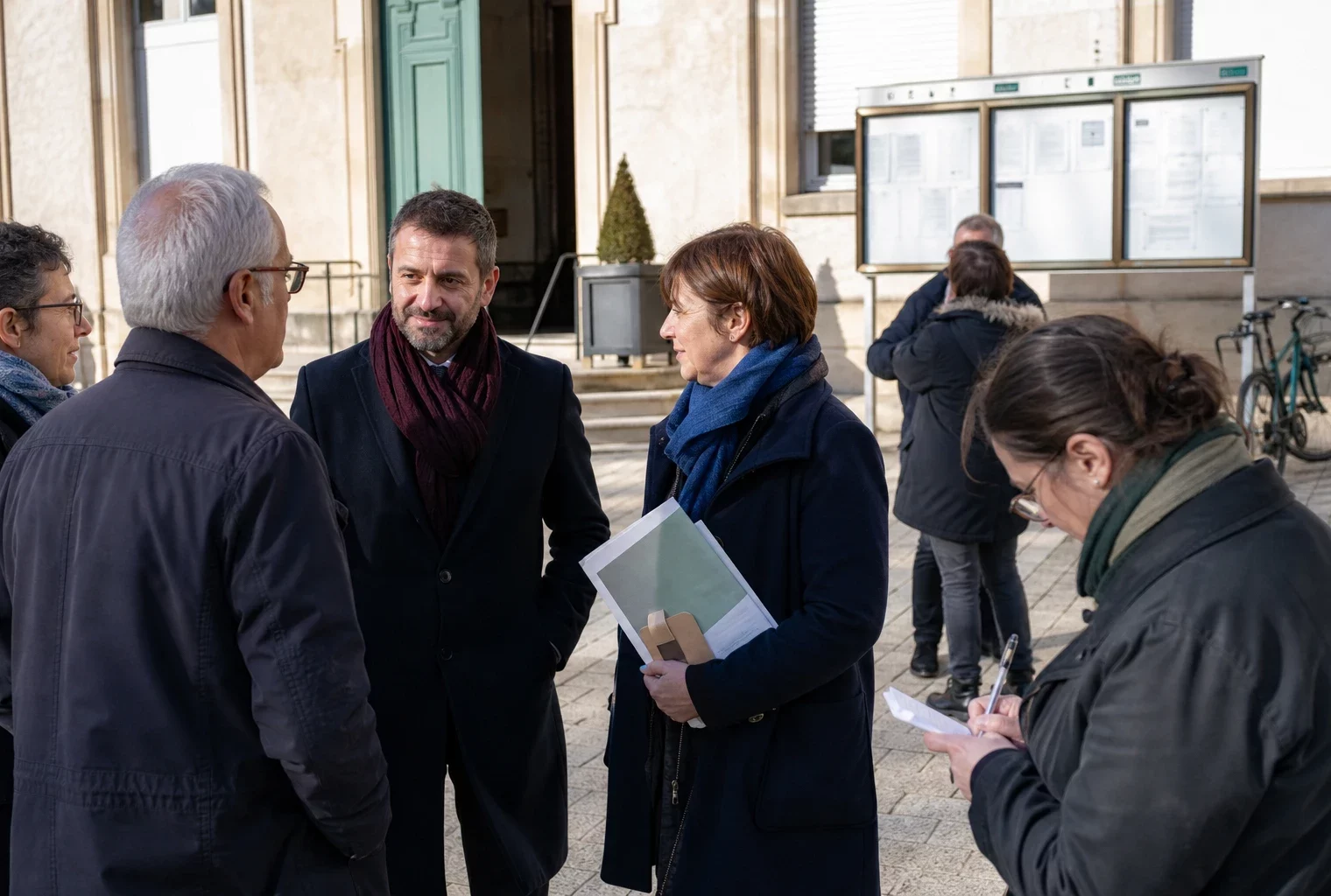 Citoyens anonymes échangeant devant une mairie française sur les enjeux européens et la sécurité du continent