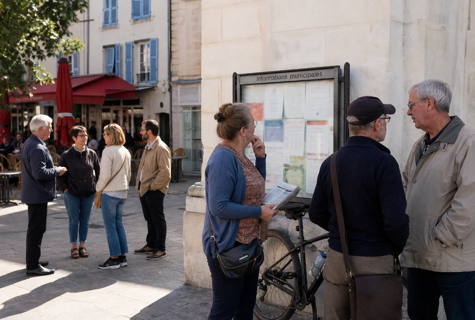 Habitants anonymes échangent sur une place de ville française près d’un bâtiment municipal