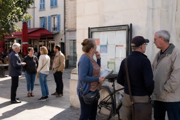 Habitants anonymes échangent sur une place de ville française près d’un bâtiment municipal