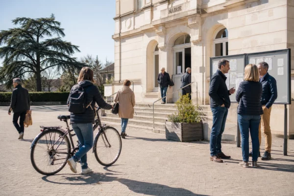 Citoyens anonymes échangeant devant une mairie française, scène de vie locale sous une lumière naturelle claire