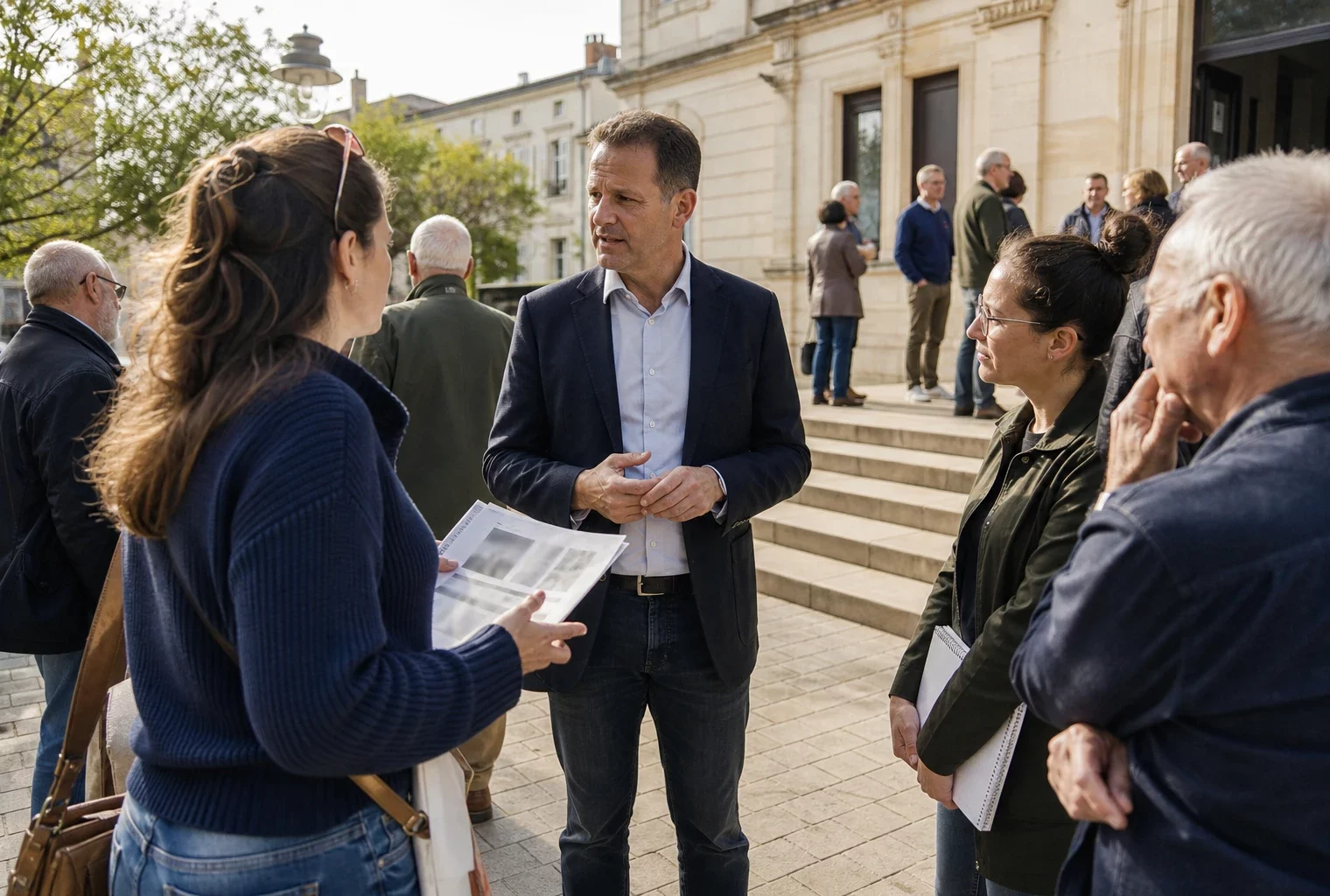 Citoyens anonymes échangeant devant une mairie française sur fond de débat politique local