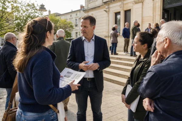 Citoyens anonymes échangeant devant une mairie française sur fond de débat politique local