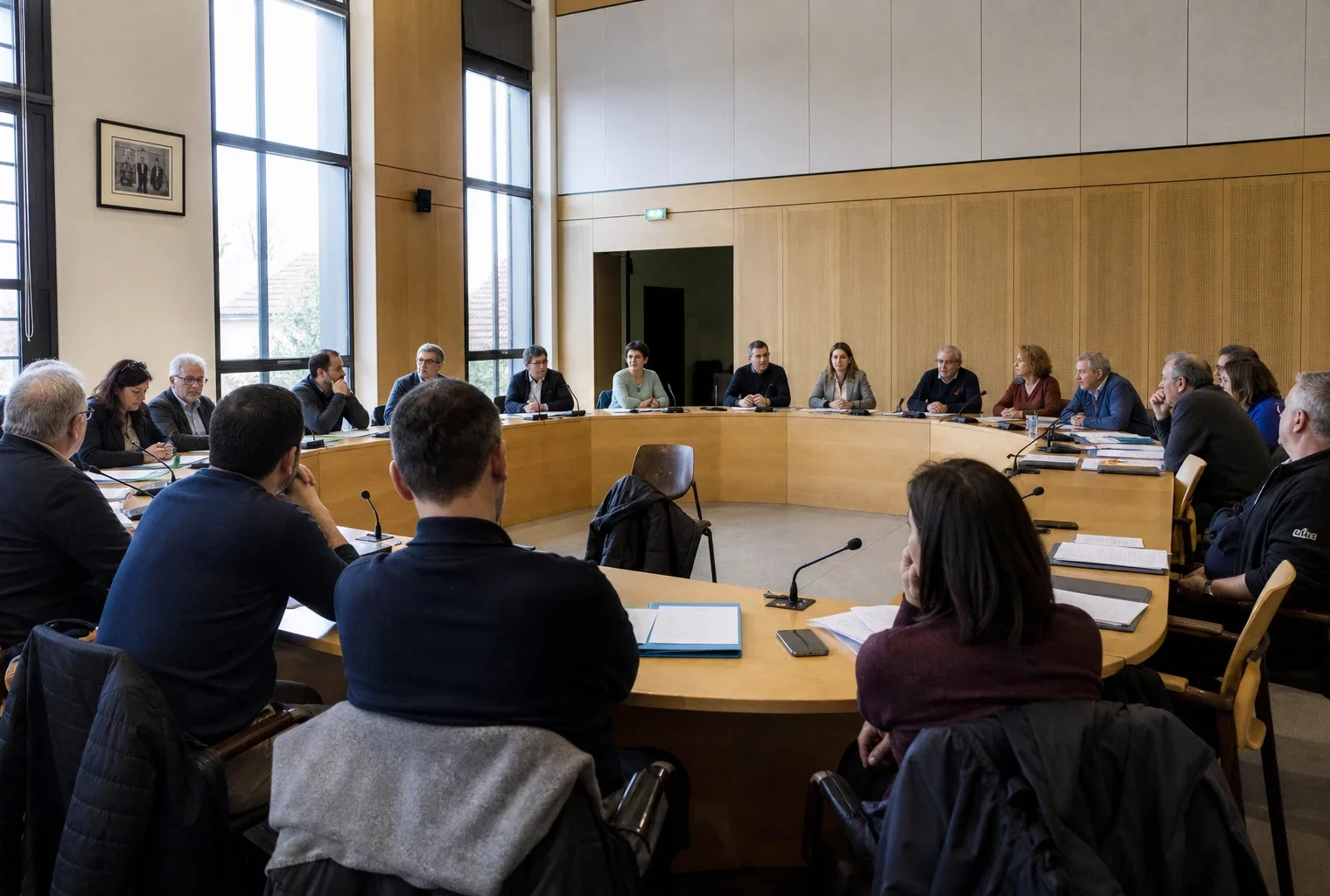 Salle municipale française avec une chaise vide, des micros et des élus anonymes réunis autour d’une table