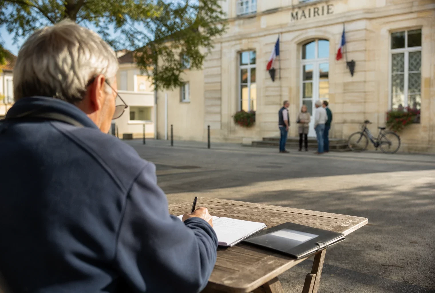 Élu local anonyme annotant un dossier devant une mairie française, dans une lumière naturelle et chaleureuse
