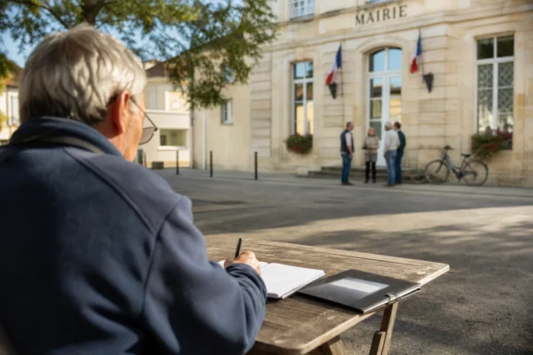 Élu local anonyme annotant un dossier devant une mairie française, dans une lumière naturelle et chaleureuse