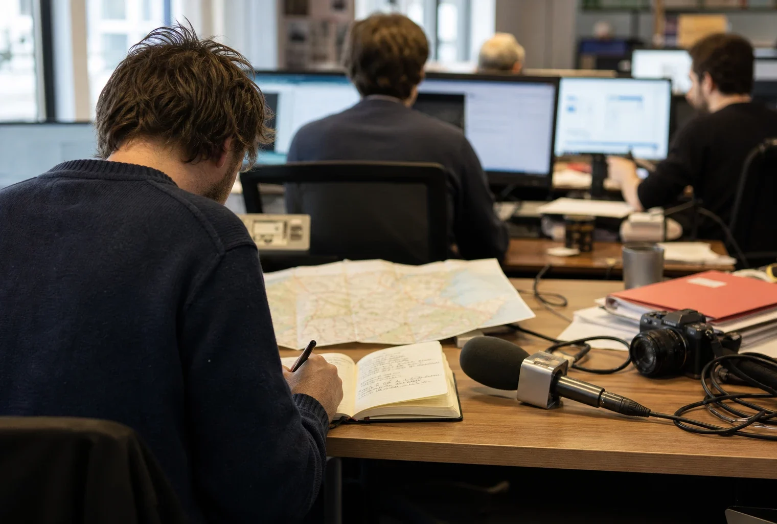 Journaliste préparant un sujet sur la primaire de la droite et du centre dans une rédaction française lumineuse