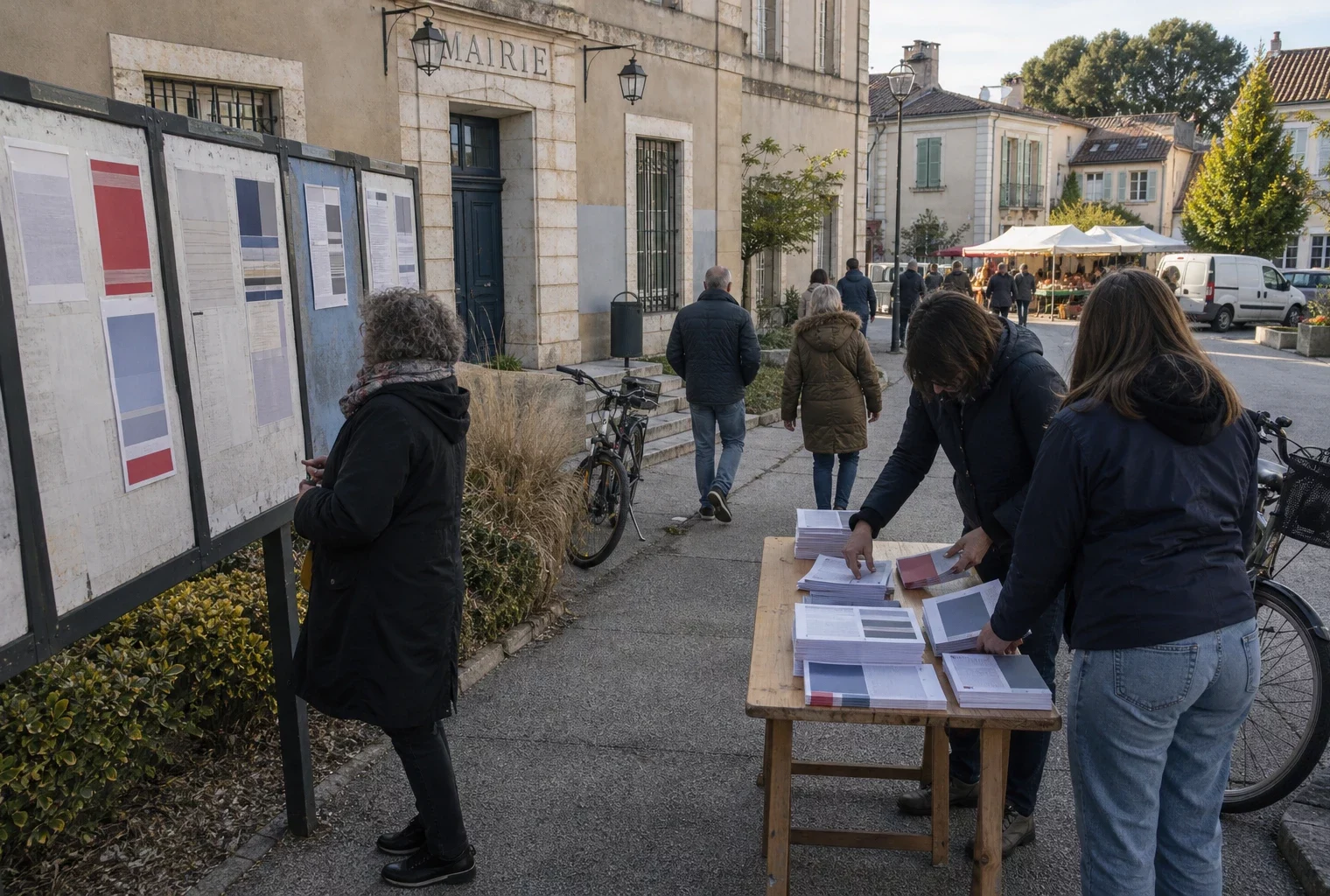 Habitants anonymes et militants autour d’une mairie française lors d’une campagne locale pour la primaire de gauche