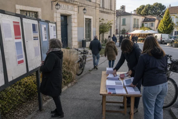 Habitants anonymes et militants autour d’une mairie française lors d’une campagne locale pour la primaire de gauche