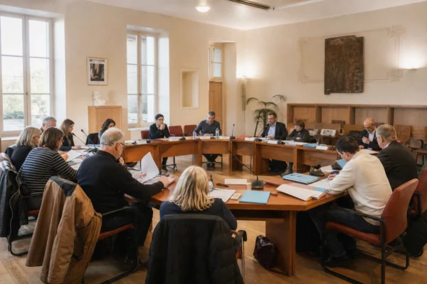Salle municipale française avec élus anonymes, micros et une chaise vide lors d’un débat politique