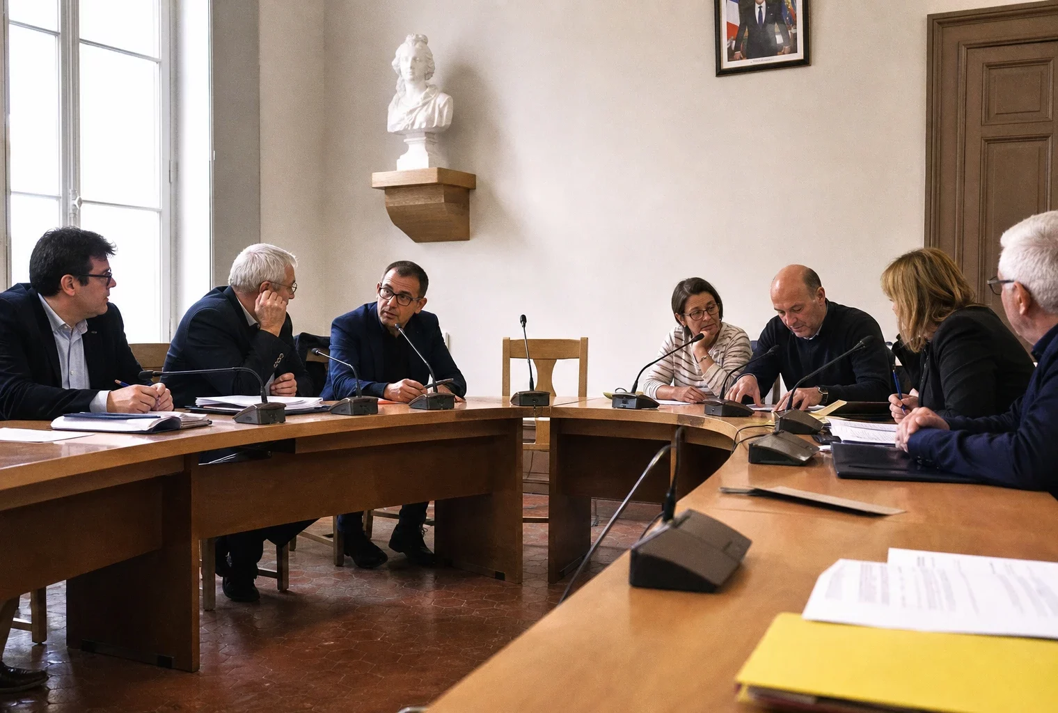 Conseil municipal français en réunion, avec une chaise vide, des micros et des dossiers autour d’une table