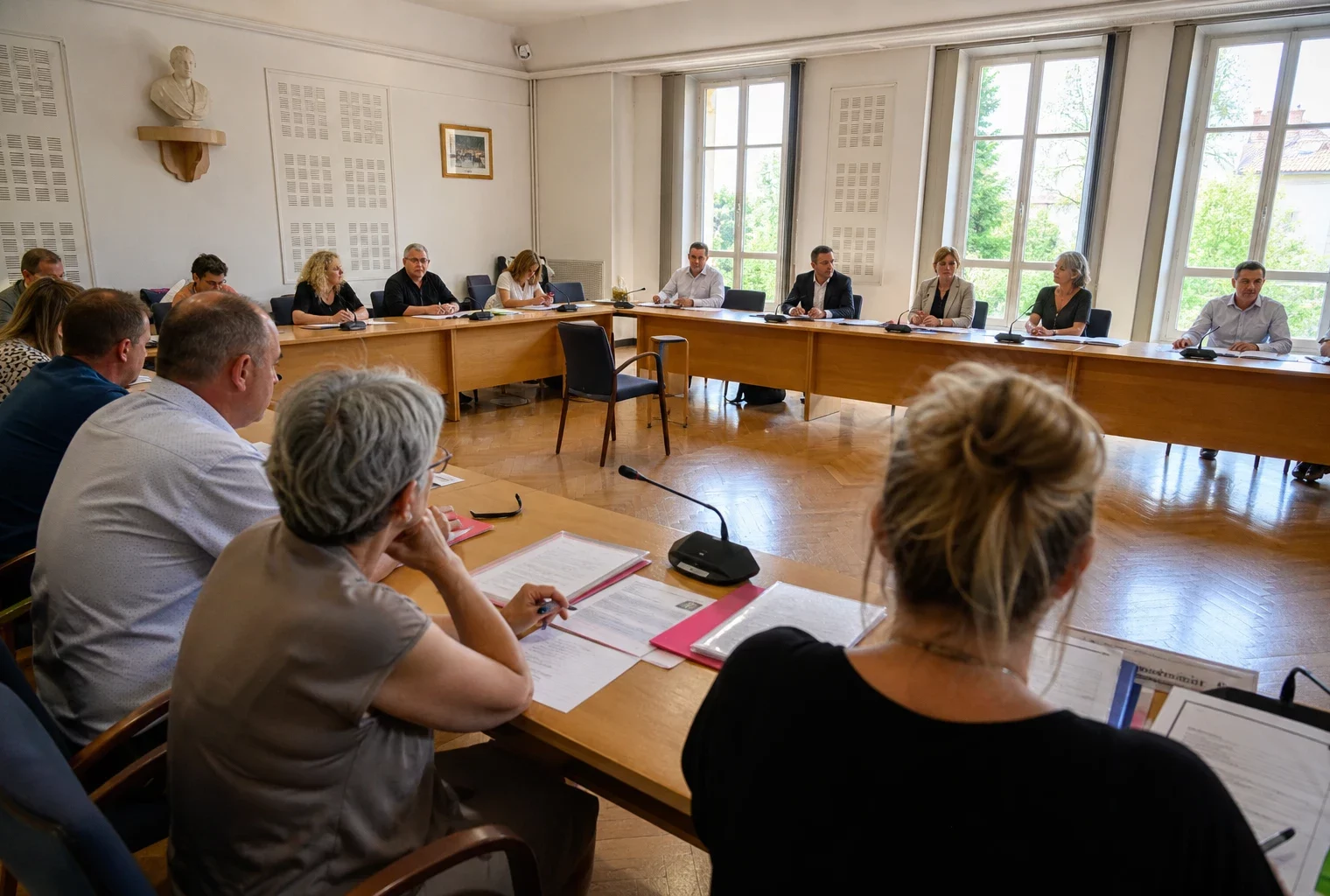 Réunion d’un conseil municipal français avec micros, dossiers flous et une chaise vide parmi les participants